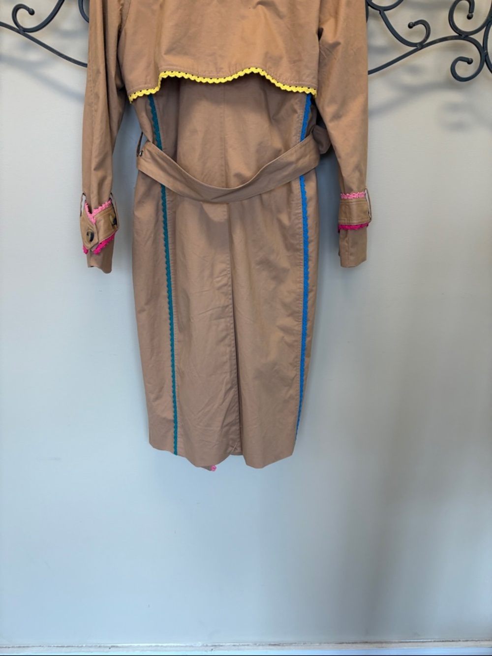 Beige Trench Coat with Pink Trim - Women's Classic Belted Coat - Picture 6 of 6
